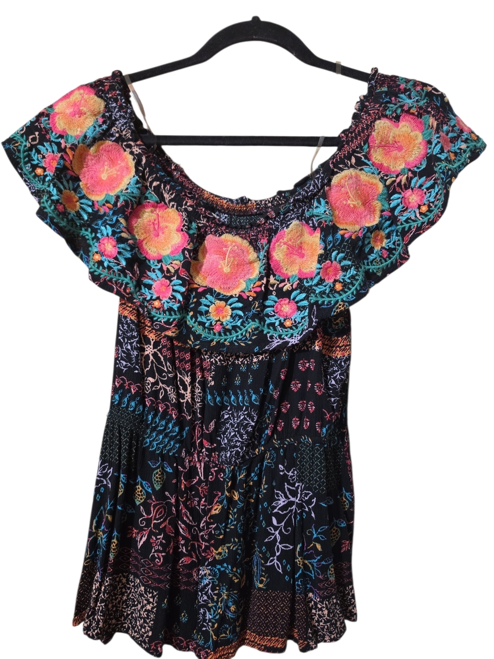 Savanna Jane Black Off-Shoulder Tunic with Pink & Teal Floral Embroidery